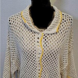 Forever 21 Women's Cream and Yellow Crochet Knit Cardigan Sweater - Size XL